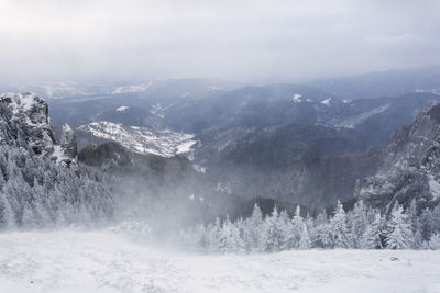 Snow covered landscape against sky