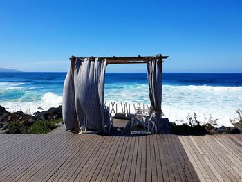 Scenic view of sea against clear blue sky