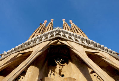 Low angle view of temple building against clear blue sky