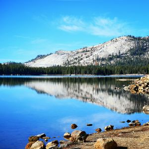 Scenic view of lake and mountains against sky