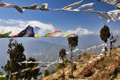 Panoromic view with prayer flags in paro, bhutan