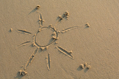 High angle view of footprints on sand at beach