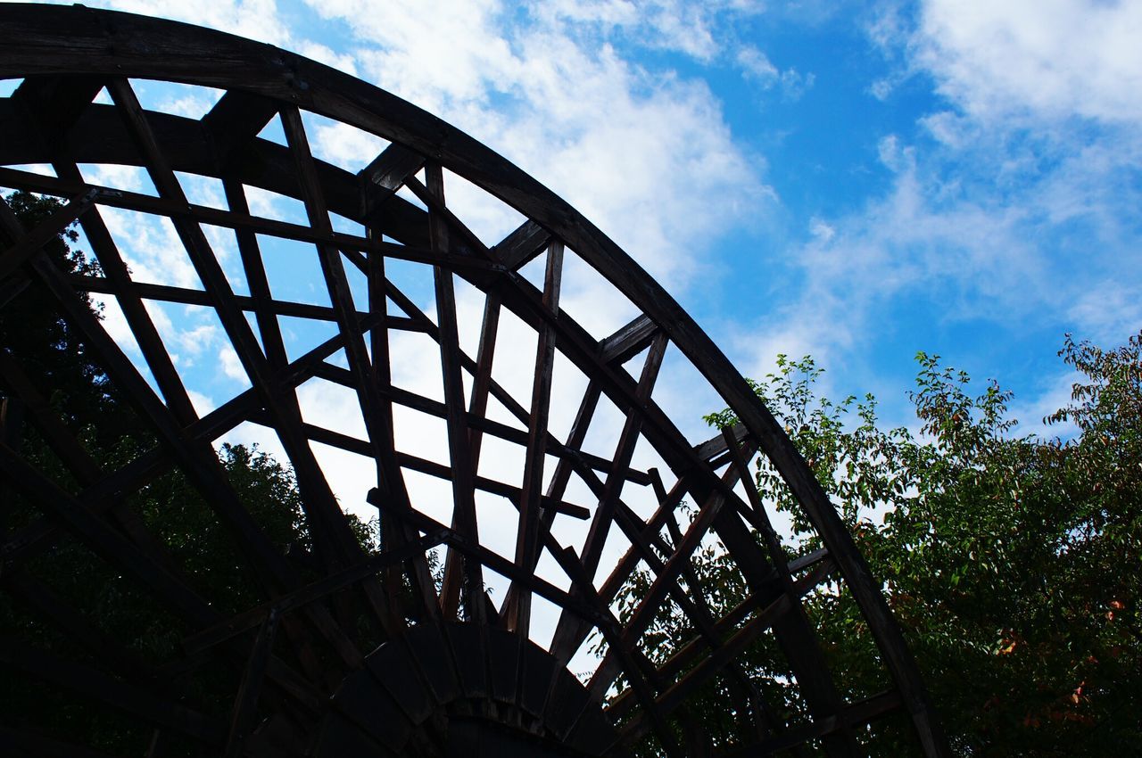 low angle view, sky, built structure, architecture, cloud - sky, metal, ferris wheel, cloud, silhouette, cloudy, amusement park, building exterior, arts culture and entertainment, metallic, no people, day, amusement park ride, tree, outdoors, geometric shape