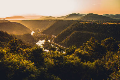 High angle view of landscape against sky during sunset