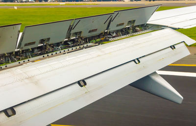 High angle view of airplane on table