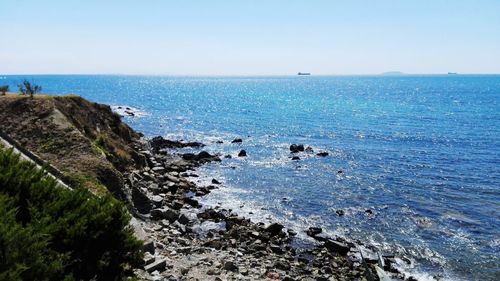 Scenic view of sea against clear blue sky