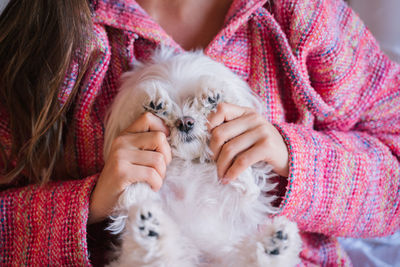 Midsection of woman holding small dog