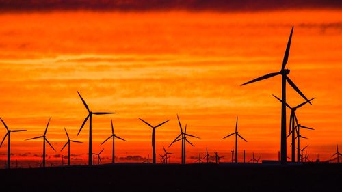 Silhouette of wind turbines on land during sunset