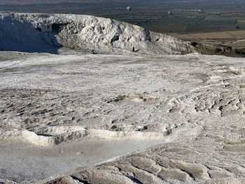 Aerial view of city at salt terraces at pamukkale in turkey 