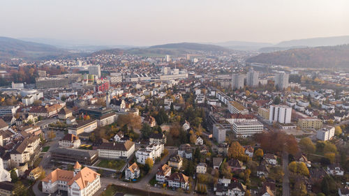 High angle shot of townscape against sky