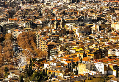 High angle view of buildings in city