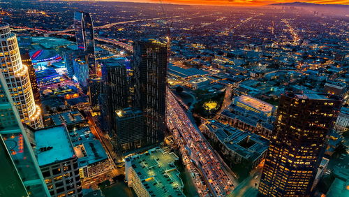 High angle view of illuminated buildings in city, down town, los angeles