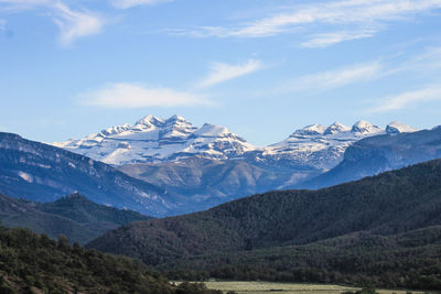Scenic view of mountains against cloudy sky