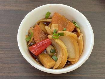 High angle view of food in bowl on table