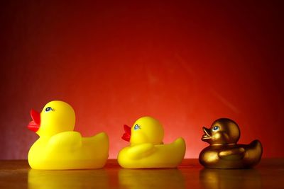 Close-up of rubber ducks on table against red wall