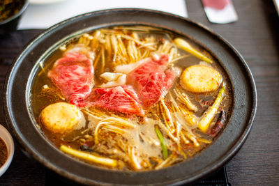 High angle view of meat in cooking pan