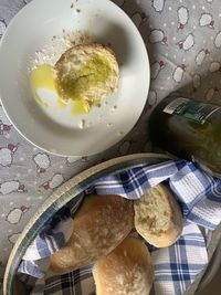 High angle view of breakfast served on table