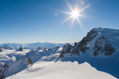 Scenic view of snow covered mountains against sky