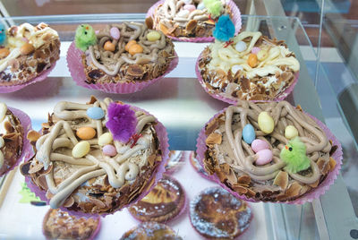 High angle view of cake in plate on table