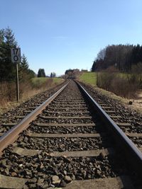 Surface level of railroad tracks against clear sky