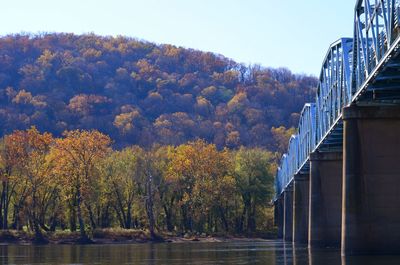 Bridge over river amidst trees against sky