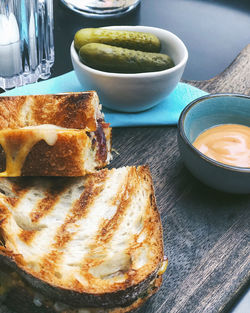 High angle view of breakfast served on table
