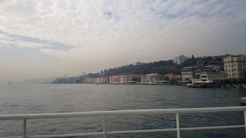 River in city against cloudy sky