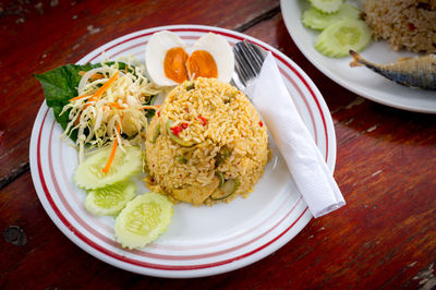 High angle view of food served in plate on table