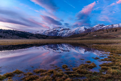 Scenic view of lake and mountains against sky