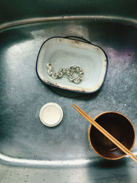 High angle view of water in bowl on table