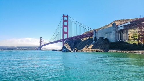 View of suspension bridge over sea