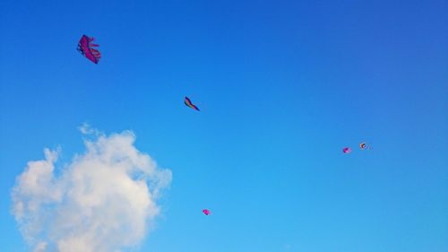 Low angle view of kites flying in sky