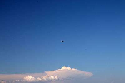 Low angle view of airplane flying against clear blue sky