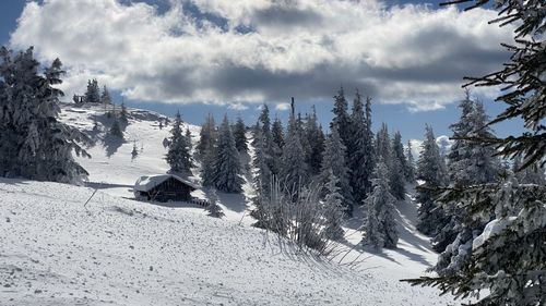 Panoramic view of snow covered mountains against sky