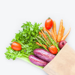 Tomatoes on plate against white background