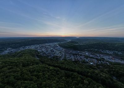 High angle view of buildings against sky during sunset