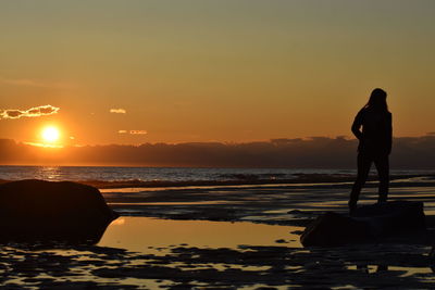Rear view of silhouette man standing at beach during sunset