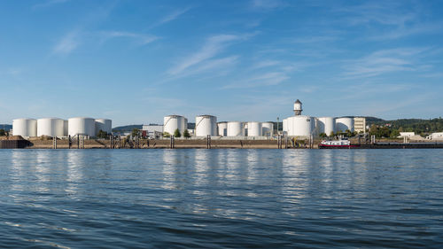 Storage silos,fuel depot of petroleum and gasoline on the banks of the river in western germany