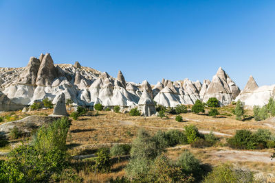 Panoramic view of rocky landscape against clear blue sky