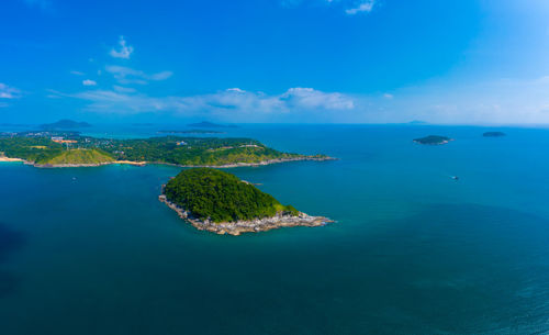 Koh yao noi beach and promthep cape viewpoint, phuket island, thailand. aerial sea view with coral 