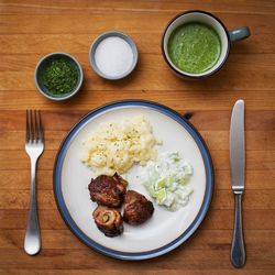 High angle view of food in plate on table