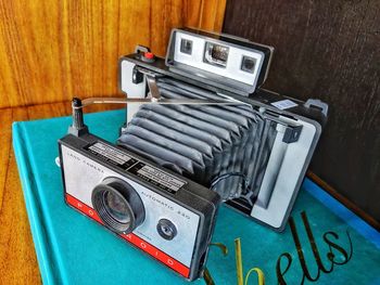 High angle view of old laptop on table