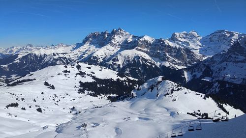 Scenic view of snowcapped mountains against clear blue sky