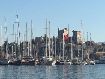 Boats moored at harbor against clear sky