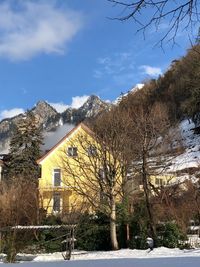 Trees and buildings against sky during winter