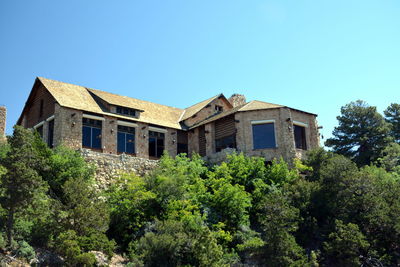 Low angle view of trees and building against clear blue sky