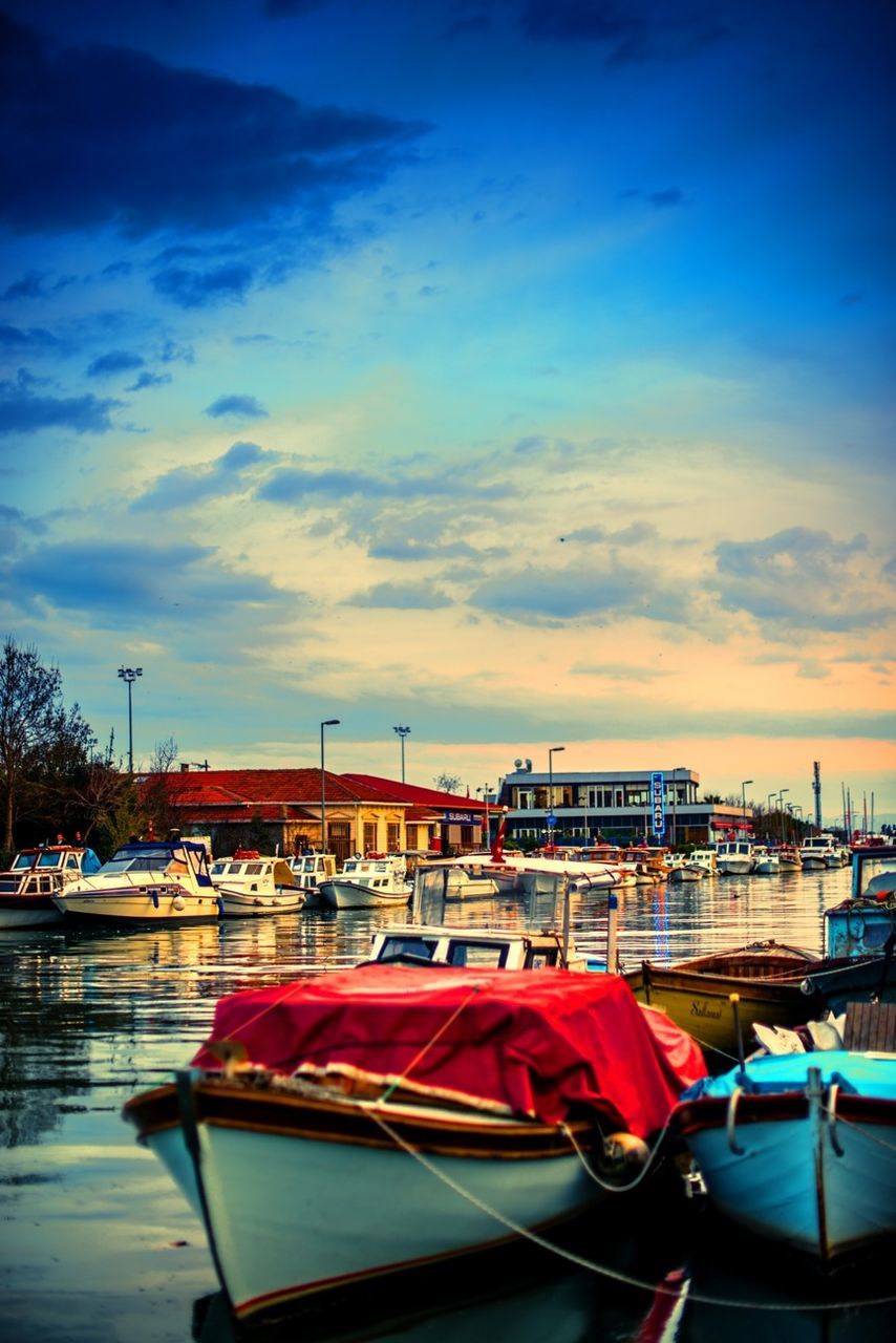 transportation, nautical vessel, mode of transport, moored, boat, sky, water, cloud - sky, harbor, sunset, cloud, sea, travel, outdoors, cloudy, no people, nature, orange color, river, land vehicle