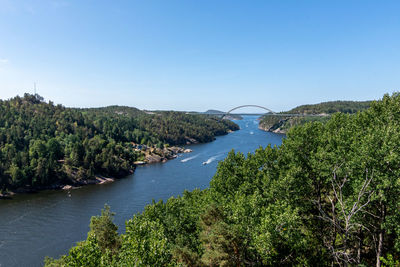 Scenic view of river against clear blue sky