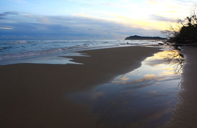 Scenic view of beach against sky during sunset