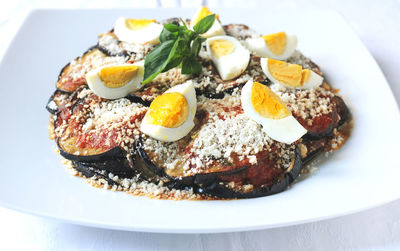 High angle view of breakfast served on table